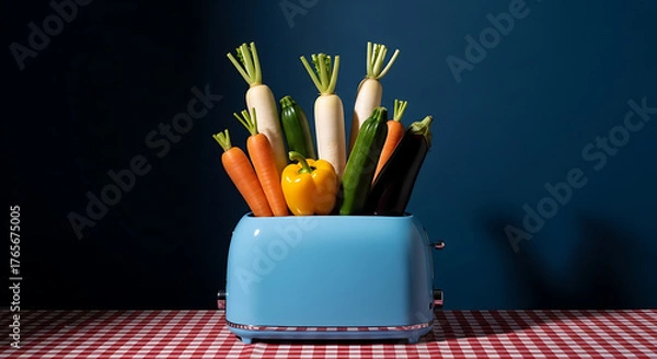 Fototapeta Fresh vegetables in a blue toaster on a red and white checkered table