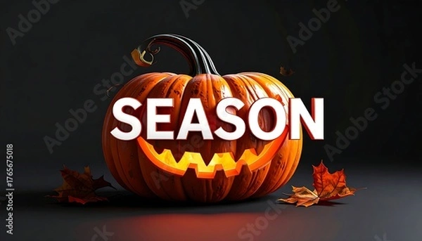 Obraz Festive pumpkin carving with glowing face and falling leaves against a dark backdrop, celebrating a seasonal occasion