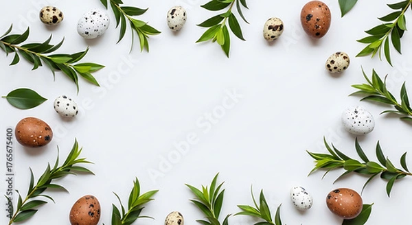 Fototapeta Easter eggs and green leaves arranged on a white surface overhead