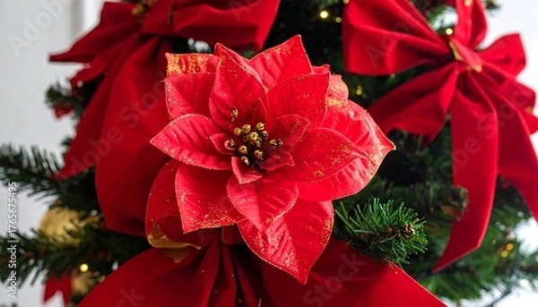 Fototapeta Festive tree detail with red poinsettia, ribbons, and green needles, bokeh effect