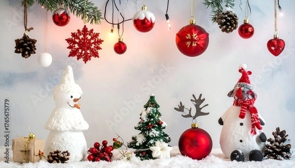 Fototapeta Festive winter scene with snowmen, ornaments, and a decorated Christmas tree on a snowy surface against a cloudy backdrop