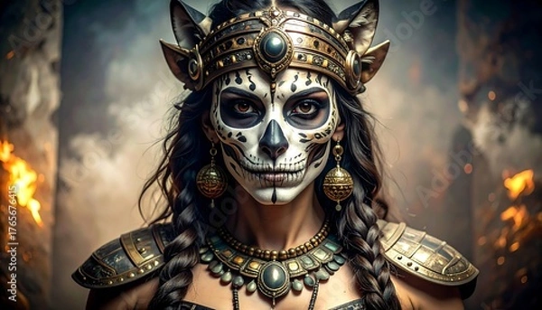Fototapeta Fierce female figure with skull face paint, ornate armor, and wolf ears stares intensely amidst fiery, smoky ruins