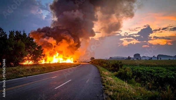 Fototapeta Fiery blaze consumes a field near a road as ominous smoke billows, all beneath a dramatic sunset sky
