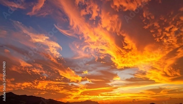 Fototapeta Fiery, dynamic orange and blue sunset over distant mountains, showcasing dramatic cloud formations in a colorful sky