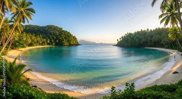 Obraz Tropical beach paradise with white sand, turquoise water, and lush palm trees.