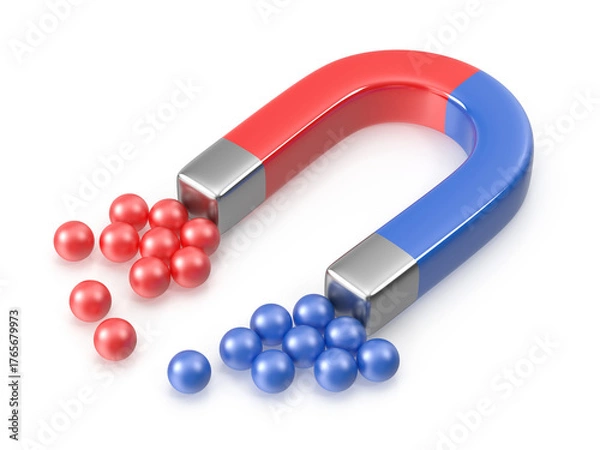 Obraz Magnetic Attraction Horseshoe Magnet with Red and Blue Spheres
