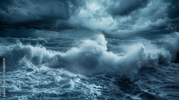 Fototapeta Dramatic seascape with turbulent waves and dark stormy clouds in a moody atmosphere with copy space