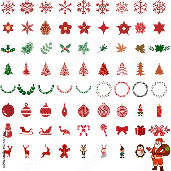 Obraz A cheerful set of 72 Christmas vector icons including Santa, snowflakes, trees, ornaments, and festive characters in classic red, green, and white holiday colors.