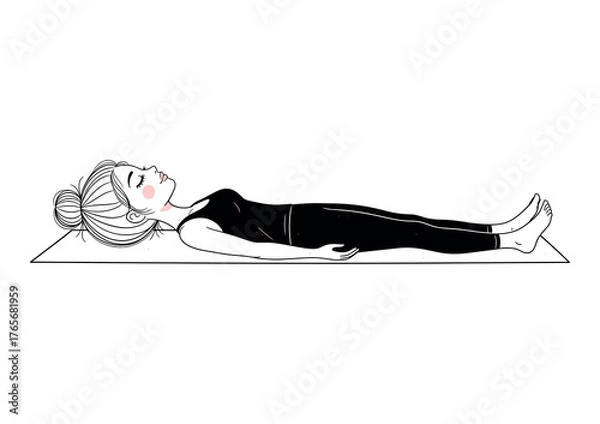 Fototapeta Minimalist Woman Lying in Corpse Pose Yoga on Mat, Black and White Cute Relaxation Illustration