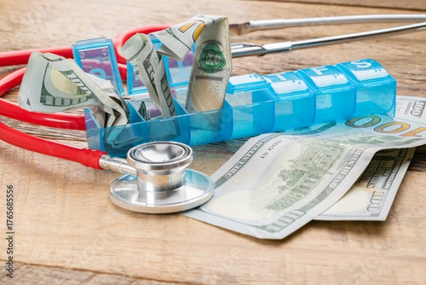 Obraz One-hundred-dollar bills stuffed into a blue pill organizer, representing the high cost of medicine in the United States.