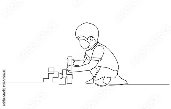 Fototapeta Single one line drawing young happy little boy playing stack of puzzle block. Vector illustration isolated on transparent background
