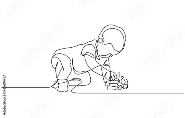 Fototapeta Single one line drawing young happy little boy playing stack of puzzle block. Vector illustration isolated on transparent background