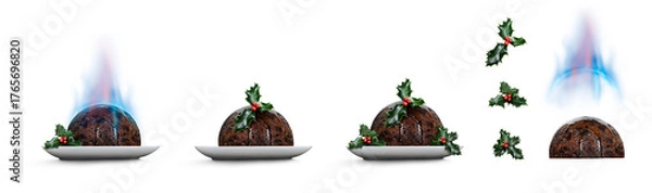 Obraz A level view of three half round traditional Christmas pudding with holly on a white square plate isolated against a transparent background with blue flame, holly and separate pudding design elements.
