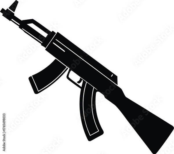 Fototapeta a black silhouette of a ak47 on a white background, black, drawing, gun, silhouette Isometric modern ak47 rifle with wood detailing and metallic finish