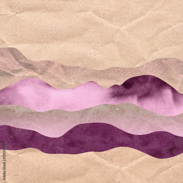 Fototapeta Abstract mountain landscape created with watercolor and craft paper textures in warm burgundy and pink shades. Minimal, organic, and aesthetic design.