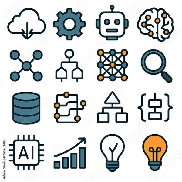 Fototapeta AI and Data Icons. Cloud computing, gear, robot, brain, data nodes, algorithm, neural network, magnifying glass, database, circuit board, decision