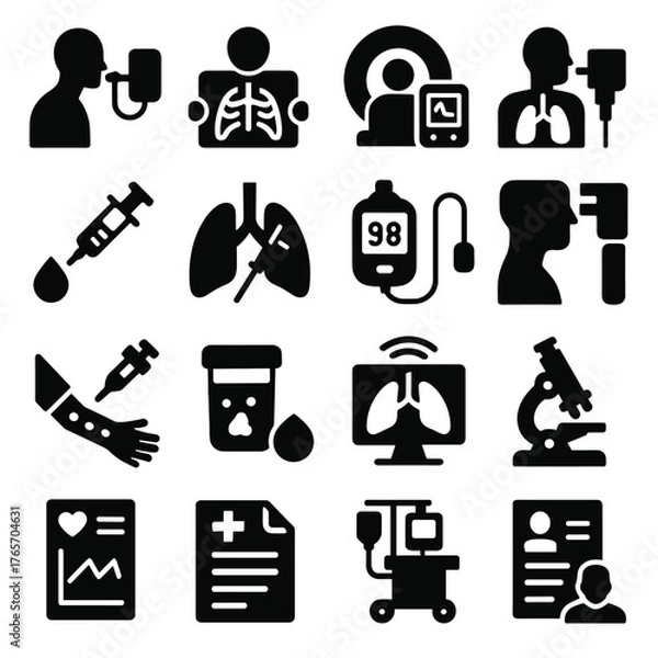 Fototapeta Lung Diagnostics Icons. Lung diagnostics and testing icons in silhouette. Spirometry test, chest X-ray, CT scan, pulmonary function test, blood gas