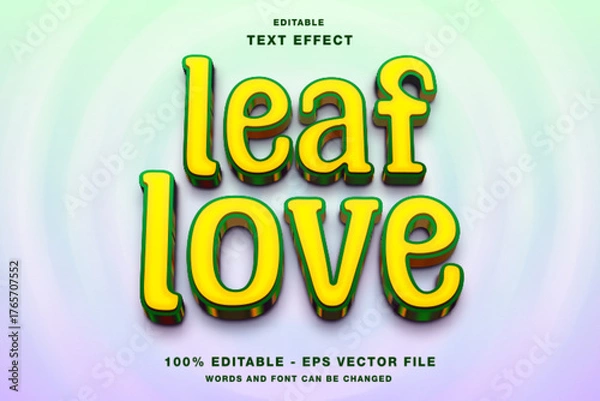 Fototapeta Leaf Love 3D Text Effect with Yellow and Green Glossy Style.