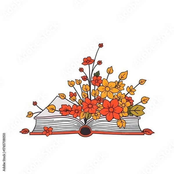Obraz open book with autumn flowers and leaves watercolor illustration