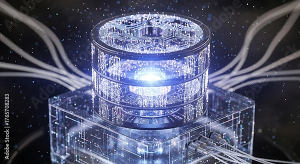 Obraz Futuristic glowing data core with intricate circuits and connecting cables in a dark abstract digital space.