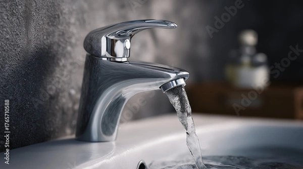 Fototapeta Closeup of a modern chrome faucet with a clear stream of fresh water flowing, clean bathroom background