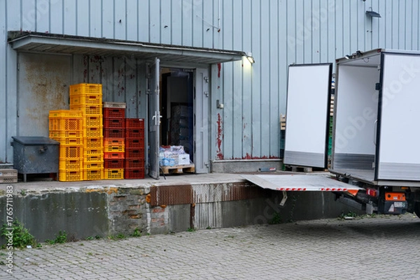 Fototapeta Loading dock of an industrial building with stacked plastic crates, open delivery truck, and pallets near the entrance.