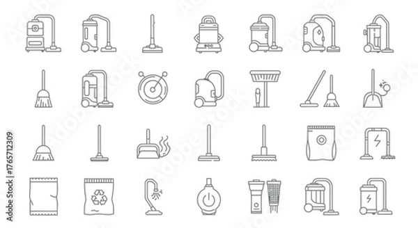 Obraz Diverse cleaning icons isolated on white background, featuring various tools and equipment for household chores and maintenance, in a minimalist line art style