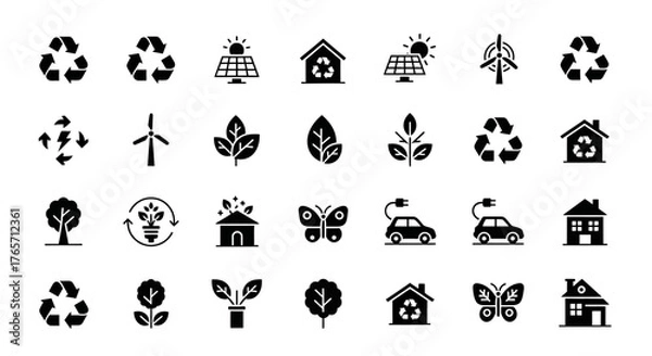 Fototapeta Line art icons representing environmental sustainability, renewable energy, and ecofriendly practices isolated on white background, promoting a greener future