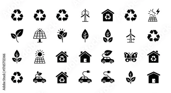 Obraz Set of environmental and ecological icons isolated on white background, representing sustainability, renewable energy, and ecofriendly practices for a greener future