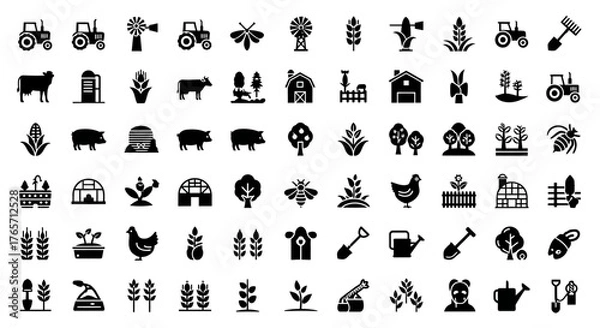 Obraz Collection of farming and agriculture icons isolated on white background showcases a variety of elements related to rural life, cultivation, and food production