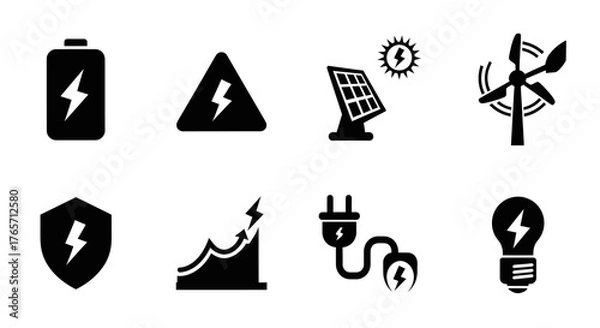 Obraz Renewable energy icons a collection of battery, solar panel, wind turbine, and energy efficiency symbols isolated on white background for sustainable solutions