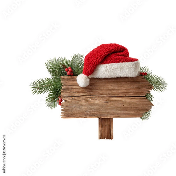 Obraz Festive christmas signpost with santa hat and evergreen boughs awaiting holiday greetings