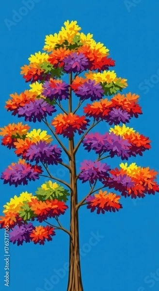 Fototapeta Stylized representation of a tall tree showcasing vibrant, multi-colored foliage against a clear sky