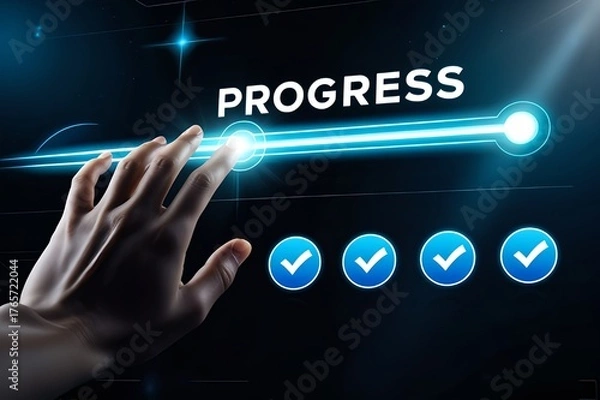 Fototapeta Human hand touching a glowing blue light beam representing progress and success with four completed checklist items on a dark digital background