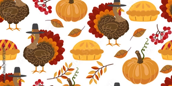 Fototapeta Festive seamless pattern with autumn leaves, pumpkins, turkey, rowan berries and pies on white background. Perfect for Thanksgiving wrapping paper, fabric, and seasonal design.