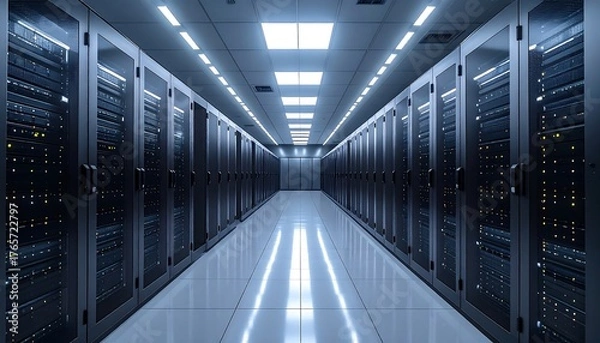 Fototapeta Rows of server racks fill a brightly lit, reflective hallway; blue hue, centralized perspective, clean and modern design