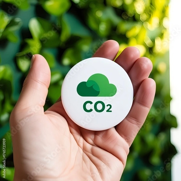 Fototapeta Hand holding a circular emblem with a green cloud symbol and co2 text representing carbon footprint reduction and environmental sustainability concept