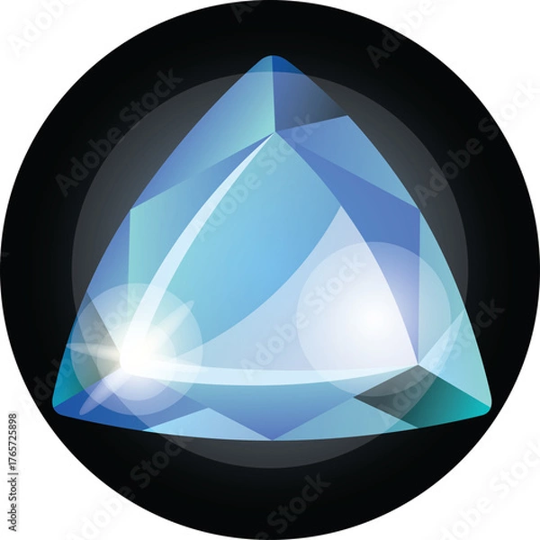 Fototapeta Abstract Blue Gemstone Crystal Triangle Shape With Light Reflections Inside A Black Circle Against Transparent Background