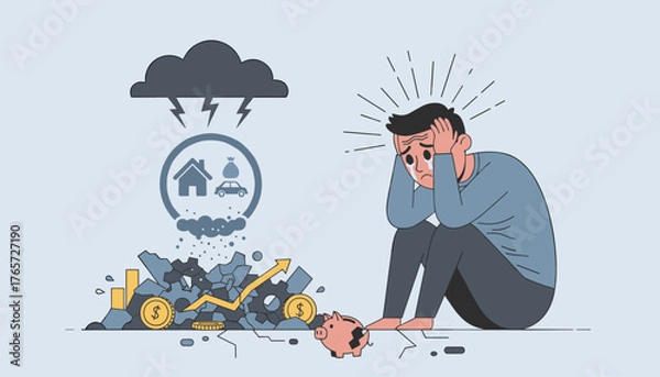 Fototapeta A businessman sits at his desk, head in hands, overwhelmed by regret and disappointment over a significant business mistake, symbolizing failure and the emotional toll of poor decisions in a