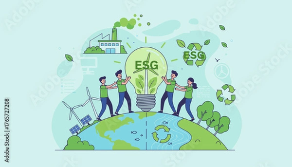 Fototapeta Diverse team of people working together to protect the planet, holding a giant lightbulb with ESG inside, symbolizing sustainable development and eco-friendly practices, with wind turbines, solar