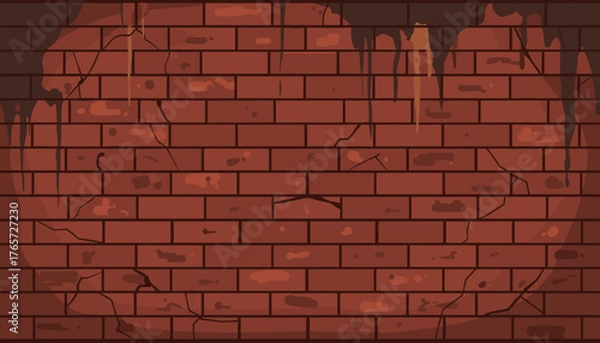 Fototapeta A detailed, textured, and weathered red brick wall surface, featuring prominent cracks and dark, dripping stains, creating a rough, aged, and industrial aesthetic perfect for backgrounds and design