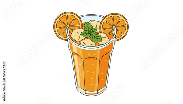 Obraz A vibrant, top-down illustration of a tall glass filled with refreshing orange juice, adorned with ice cubes, fresh mint leaves, and two bright orange slices on the rim, set against a clean white