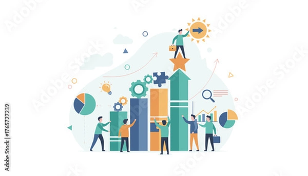 Fototapeta Vibrant vector illustration depicting a collaborative business growth concept with diverse team members working together to achieve success, symbolized by upward-trending bar charts, gears, puzzle