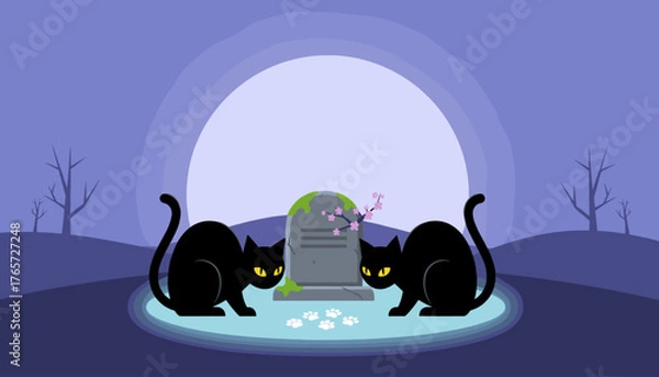 Fototapeta Mysterious Silhouette of Two Black Cats with Glowing Yellow Eyes Crouching Beside a Moss-Covered Tombstone Under a Large Full Moon, with Paw Prints Glowing on the Ground and Bare Trees in the