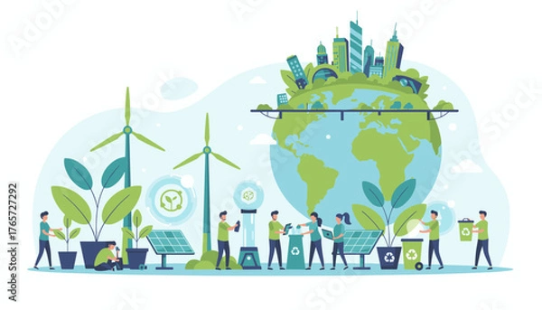 Fototapeta Vibrant flat illustration depicting little people actively engaged in preparing the Earth for a sustainable future, featuring wind turbines, solar panels, recycling bins, and lush greenery atop a