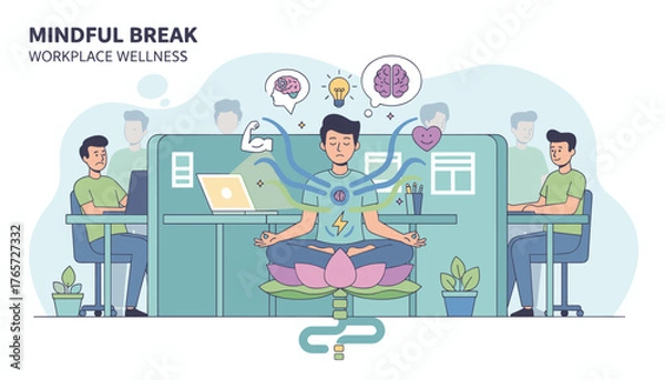 Fototapeta Vector illustration of a man meditating in a lotus pose at his office desk, surrounded by colleagues, symbolizing workplace wellness, mindful break, stress relief, mental clarity, and inner peace