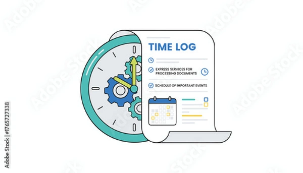 Fototapeta Conceptual illustration of time management and productivity, featuring a stylized clock with interlocking gears and a document labeled "Time Log" with tasks like "Express Services for Processing