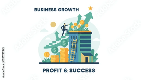 Fototapeta Vibrant vector illustration depicting business growth and financial success, featuring a businessman climbing stairs towards a golden star atop a building, surrounded by stacks of coins, upward