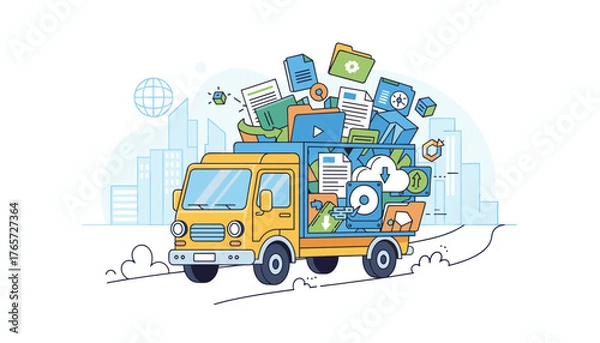 Fototapeta Vivid flat style vector illustration of a yellow delivery truck overloaded with digital data, documents, folders, cloud storage icons, and hard drives, symbolizing data transfer, logistics, and