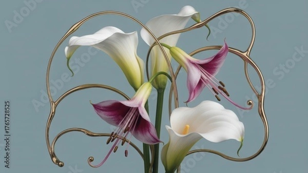 Fototapeta Elegant calla lily arrangement with artistic gold wire accents on a soft blue background